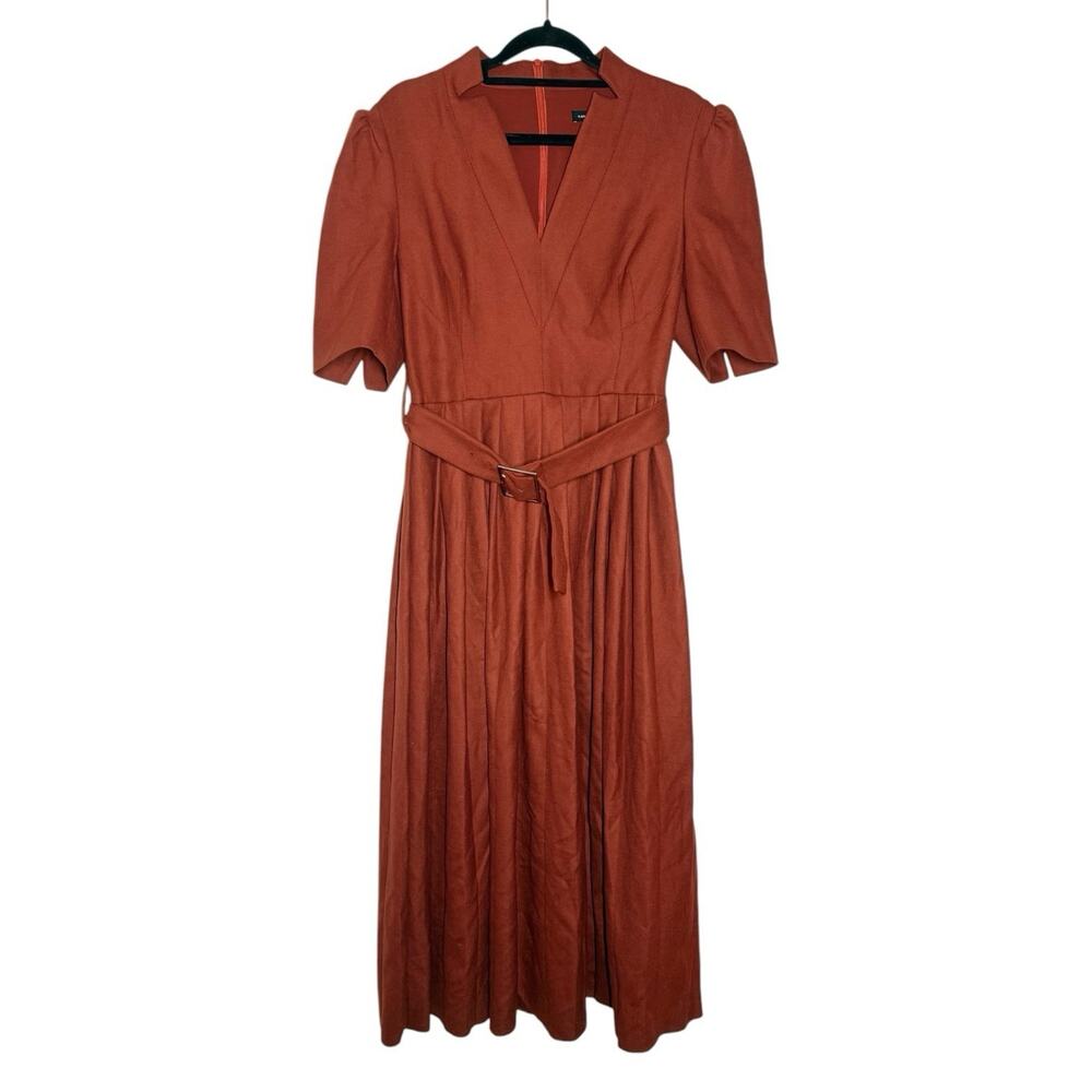 Karen Millen New Rust Orange Tailored Crepe Forever Pleat Belted Midi Dress - 6